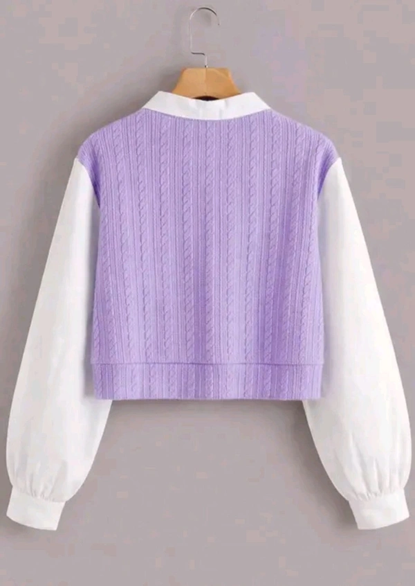 Women's Collar Long Sleeve Shirt Ribbed Knit 2 in 1 Blouse Crop Top - L, Blue Bell