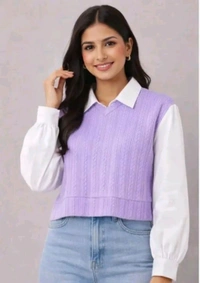 Women's Collar Long Sleeve Shirt Ribbed Knit 2 in 1 Blouse Crop Top - L, Blue Bell