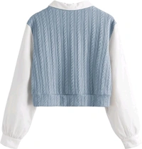 Women's Collar Long Sleeve Shirt Ribbed Knit 2 in 1 Blouse Crop Top - XL, Sky Blue