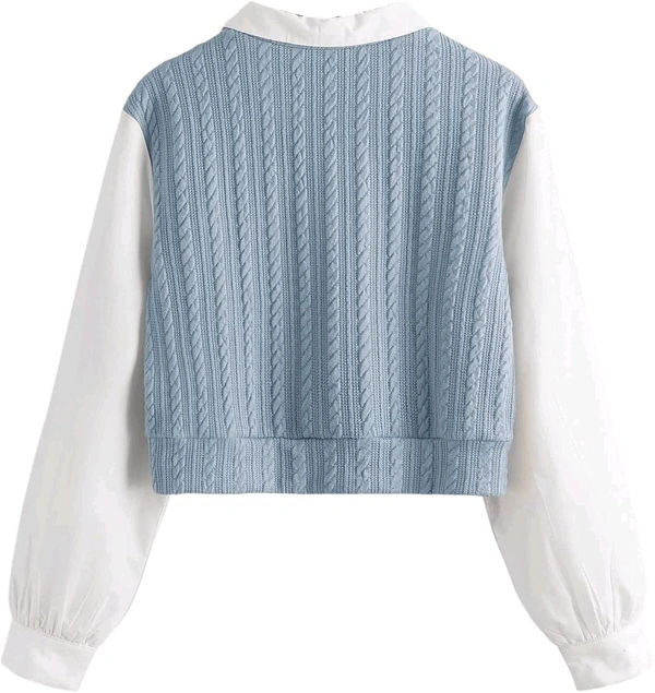 Women's Collar Long Sleeve Shirt Ribbed Knit 2 in 1 Blouse Crop Top - XL, Sky Blue