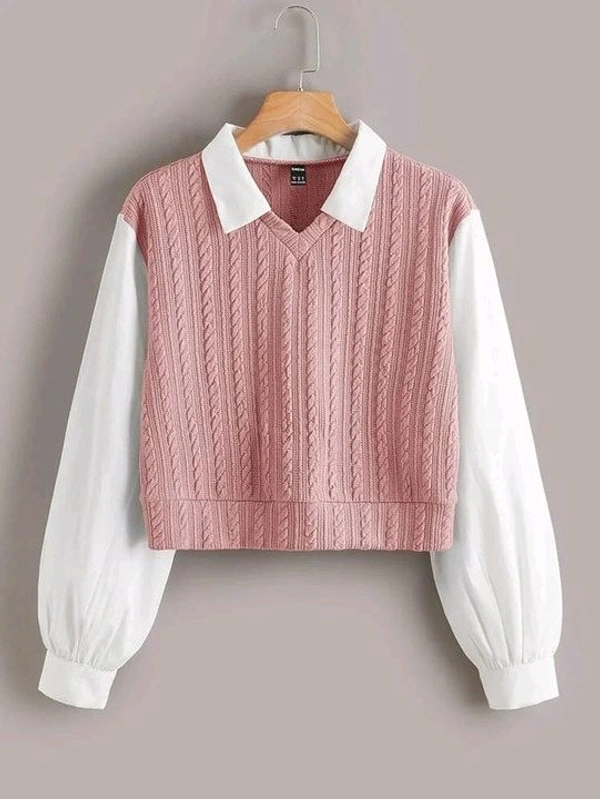 Women's Collar Long Sleeve Shirt Ribbed Knit 2 in 1 Blouse Crop Top - XL, Pink
