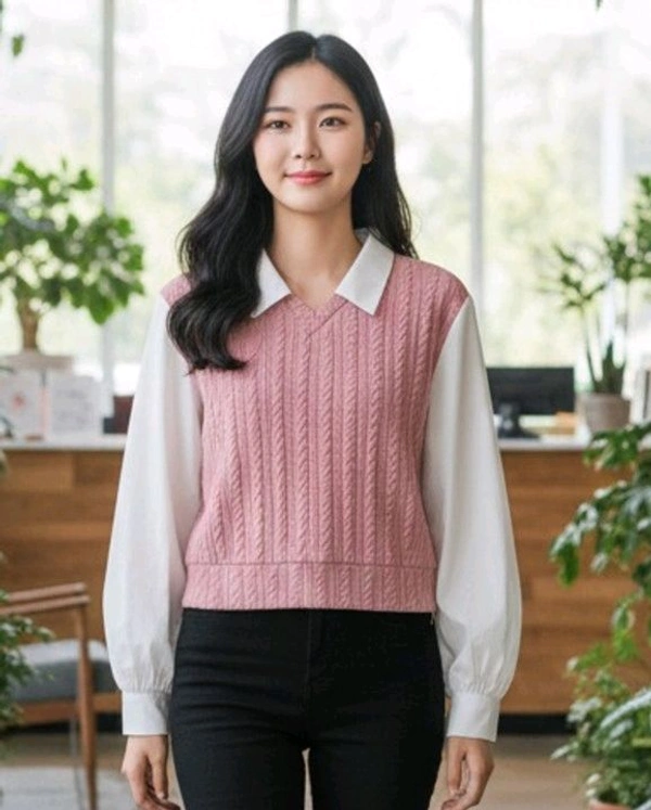 Women's Collar Long Sleeve Shirt Ribbed Knit 2 in 1 Blouse Crop Top - XL, Pink