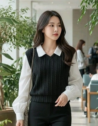 Women's Collar Long Sleeve Shirt Ribbed Knit 2 in 1 Blouse Crop Top - XL, Black