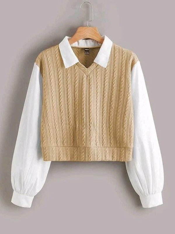 Women's Collar Long Sleeve Shirt Ribbed Knit 2 in 1 Blouse Crop Top - XL, Sorrell Brown