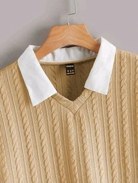 Women's Collar Long Sleeve Shirt Ribbed Knit 2 in 1 Blouse Crop Top - XL, Sorrell Brown