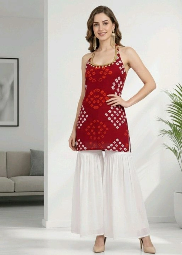 Women's Halter Neck Top, Red with Bandhani Print, Coin Embellished Neckline - M