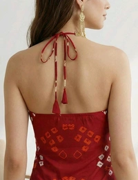 Women's Halter Neck Top, Red with Bandhani Print, Coin Embellished Neckline - M