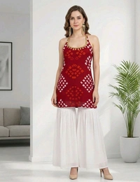 Women's Halter Neck Top, Red with Bandhani Print, Coin Embellished Neckline - S