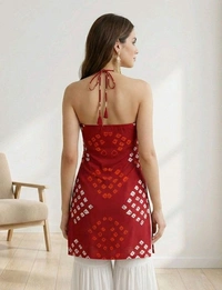 Women's Halter Neck Top, Red with Bandhani Print, Coin Embellished Neckline - S