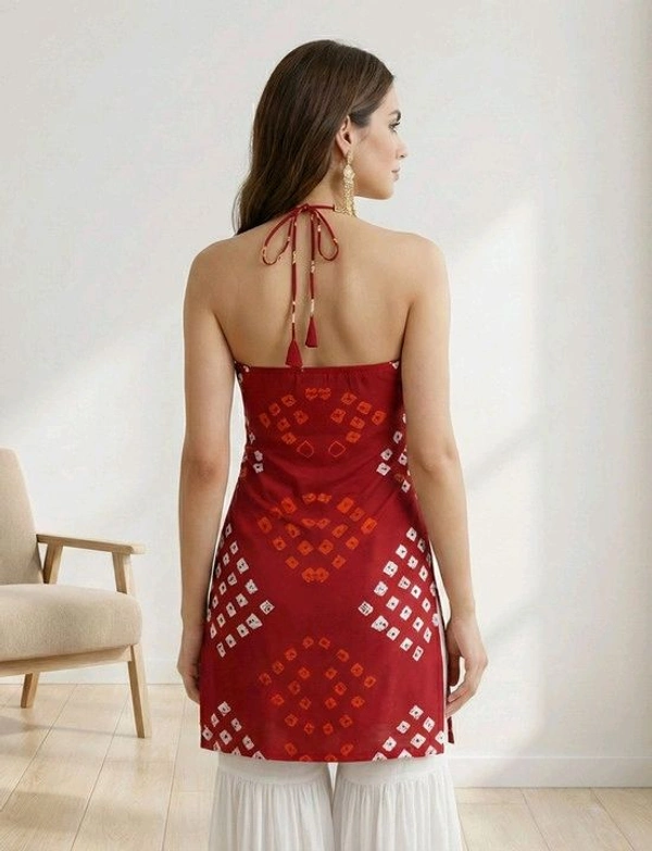 Women's Halter Neck Top, Red with Bandhani Print, Coin Embellished Neckline - S