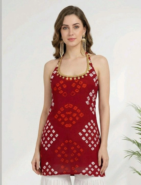 Women's Halter Neck Top, Red with Bandhani Print, Coin Embellished Neckline - S