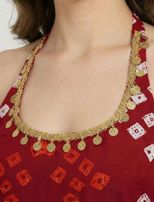 Women's Halter Neck Top, Red with Bandhani Print, Coin Embellished Neckline - S