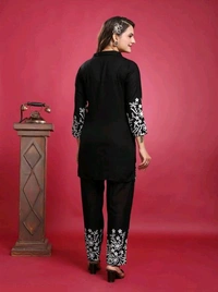 Women's Floral Embroidered Kurta Set with Pants, Maroon, 3/4 Sleeve - XS, Black