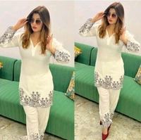 Women's Floral Embroidered Kurta Set with Pants, Maroon, 3/4 Sleeve - XS, White