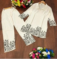 Women's Floral Embroidered Kurta Set with Pants, Maroon, 3/4 Sleeve - XS, White