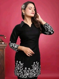 Women's Floral Embroidered Kurta Set with Pants, Maroon, 3/4 Sleeve - XL, Black
