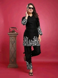 Women's Floral Embroidered Kurta Set with Pants, Maroon, 3/4 Sleeve - XL, Black