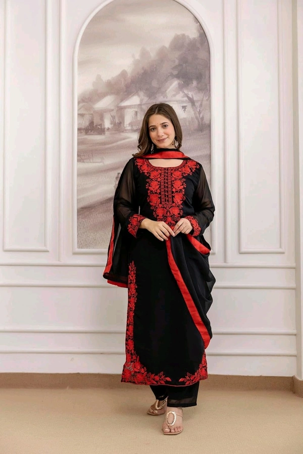 Black Georgette Embroidered Kurti Set with Pant and Dupatta, Red Floral Embroidery Work, 48 Inch Length, S-XXL
- L, Black