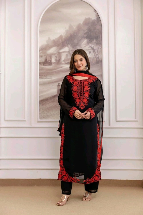 Black Georgette Embroidered Kurti Set with Pant and Dupatta, Red Floral Embroidery Work, 48 Inch Length, S-XXL
- M, Black