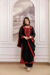 Black Georgette Embroidered Kurti Set with Pant and Dupatta, Red Floral Embroidery Work, 48 Inch Length, S-XXL
- M, Black