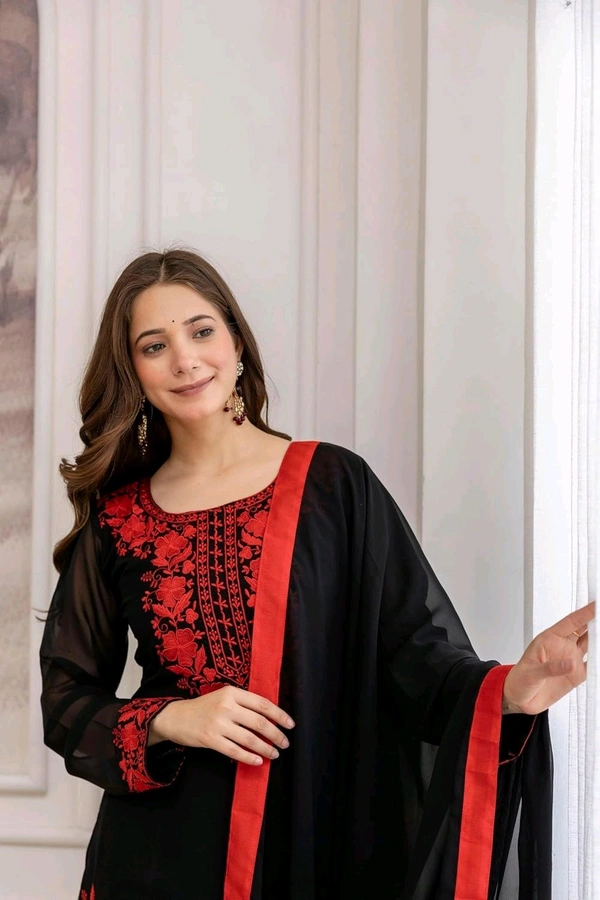 Black Georgette Embroidered Kurti Set with Pant and Dupatta, Red Floral Embroidery Work, 48 Inch Length, S-XXL
- M, Black