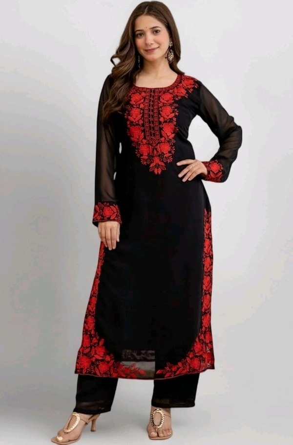 Black Georgette Embroidered Kurti Set with Pant and Dupatta, Red Floral Embroidery Work, 48 Inch Length, S-XXL
- XL, Black