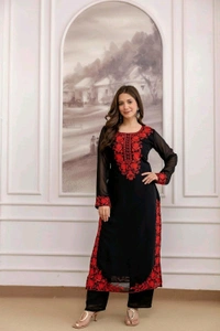 Black Georgette Embroidered Kurti Set with Pant and Dupatta, Red Floral Embroidery Work, 48 Inch Length, S-XXL
- XXL, Black