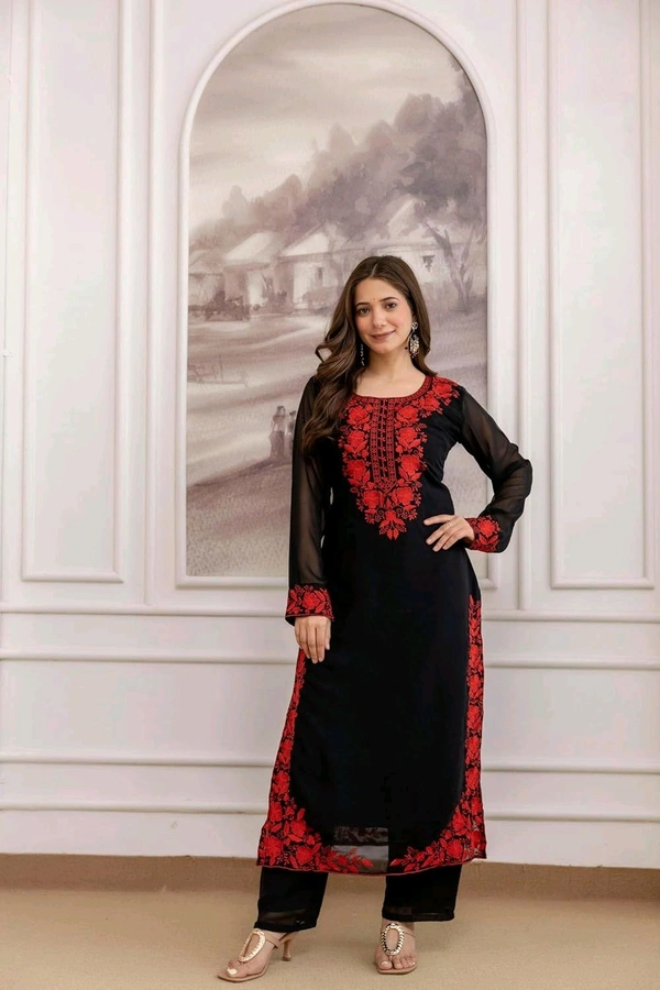 Black Georgette Embroidered Kurti Set with Pant and Dupatta, Red Floral Embroidery Work, 48 Inch Length, S-XXL
- XXL, Black