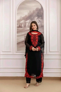 Black Georgette Embroidered Kurti Set with Pant and Dupatta, Red Floral Embroidery Work, 48 Inch Length, S-XXL
- XXL, Black