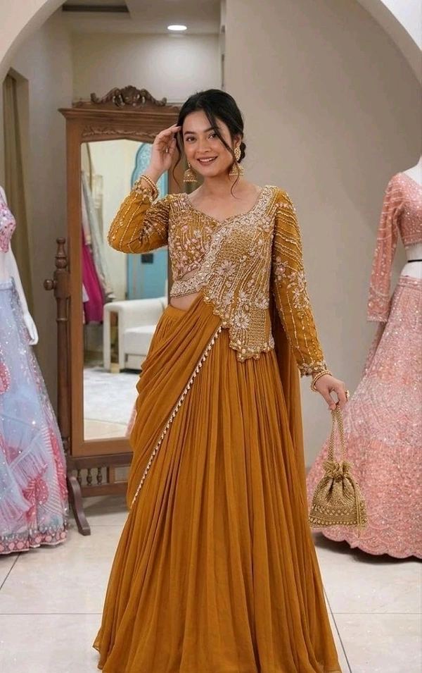 Lehenga Choli Indo-Western Draped Set For Womens And Girls Ready To Wear Hevay Rangoli Silk Fabric With Work Multi Thread Embroidery Sequence Work
- Free Size, Mustard