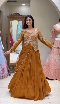 Lehenga Choli Indo-Western Draped Set For Womens And Girls Ready To Wear Hevay Rangoli Silk Fabric With Work Multi Thread Embroidery Sequence Work
- Free Size, Mustard