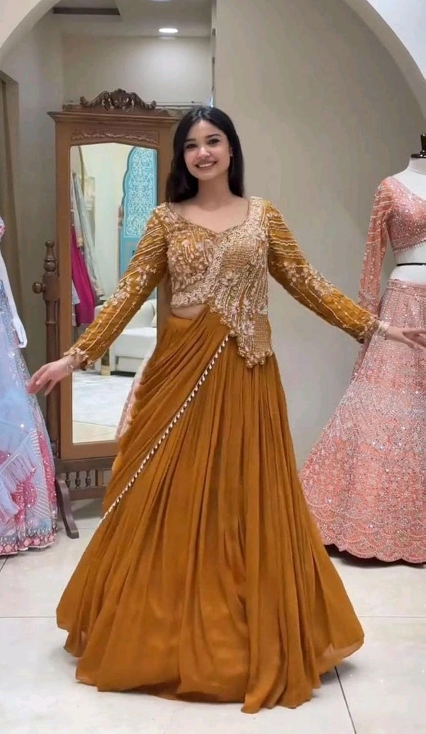 Lehenga Choli Indo-Western Draped Set For Womens And Girls Ready To Wear Hevay Rangoli Silk Fabric With Work Multi Thread Embroidery Sequence Work
- Free Size, Mustard