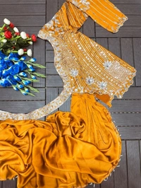 Lehenga Choli Indo-Western Draped Set For Womens And Girls Ready To Wear Hevay Rangoli Silk Fabric With Work Multi Thread Embroidery Sequence Work
- Free Size, Mustard