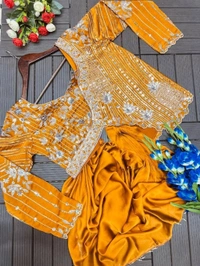 Lehenga Choli Indo-Western Draped Set For Womens And Girls Ready To Wear Hevay Rangoli Silk Fabric With Work Multi Thread Embroidery Sequence Work
- Free Size, Mustard