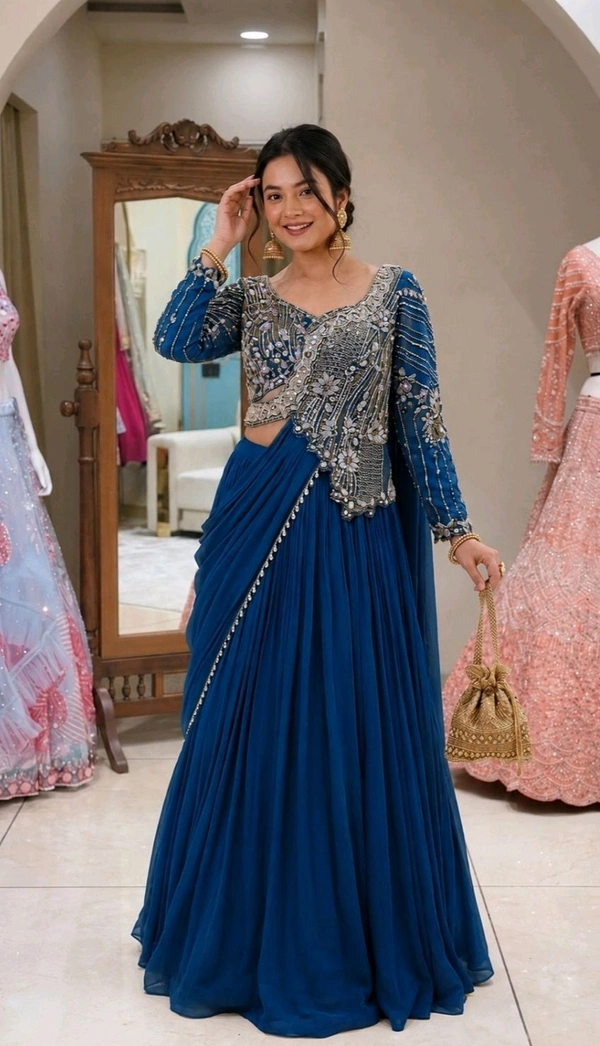 Lehenga Choli Indo-Western Draped Set For Womens And Girls Ready To Wear Hevay Rangoli Silk Fabric With Work Multi Thread Embroidery Sequence Work
- Free Size, Rama Blue