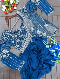 Lehenga Choli Indo-Western Draped Set For Womens And Girls Ready To Wear Hevay Rangoli Silk Fabric With Work Multi Thread Embroidery Sequence Work
- Free Size, Rama Blue