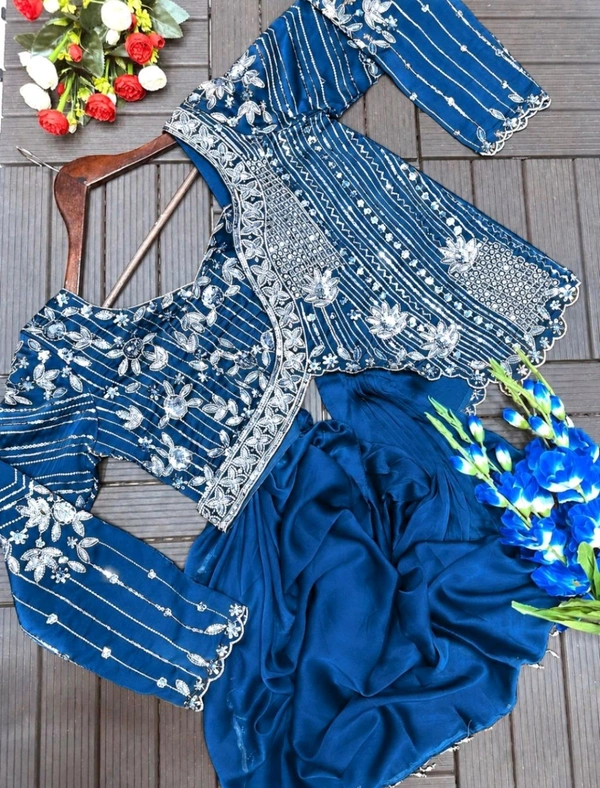 Lehenga Choli Indo-Western Draped Set For Womens And Girls Ready To Wear Hevay Rangoli Silk Fabric With Work Multi Thread Embroidery Sequence Work
- Free Size, Rama Blue