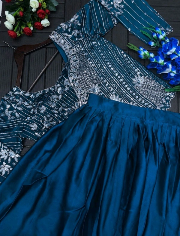 Lehenga Choli Indo-Western Draped Set For Womens And Girls Ready To Wear Hevay Rangoli Silk Fabric With Work Multi Thread Embroidery Sequence Work
- Free Size, Rama Blue