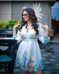 Western Dress for Women| Floral Printed Full Sleeve Rayon Blend Western Dress for Women | Round Neck A-Line Dress for Women(White Pack of 1) - M, White