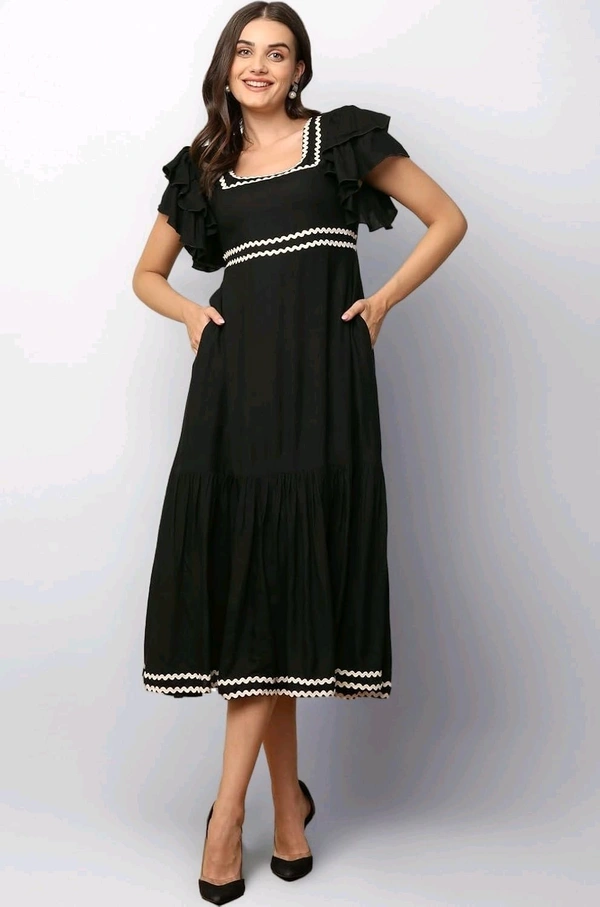Women's Solid Rayon Fit and Flare Midi Dress for Woman Festive Fancy|Casual Trending Stylish Long One Piece Dresses Women Western (Black)
- M, Black