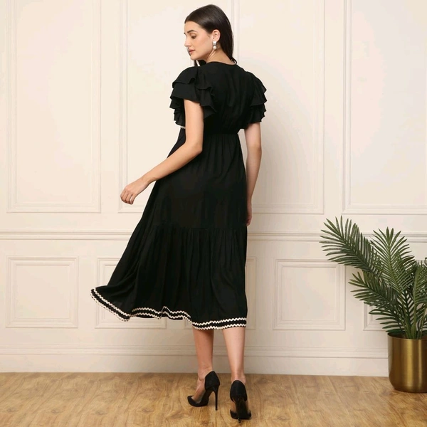 Women's Solid Rayon Fit and Flare Midi Dress for Woman Festive Fancy|Casual Trending Stylish Long One Piece Dresses Women Western (Black)
- M, Black