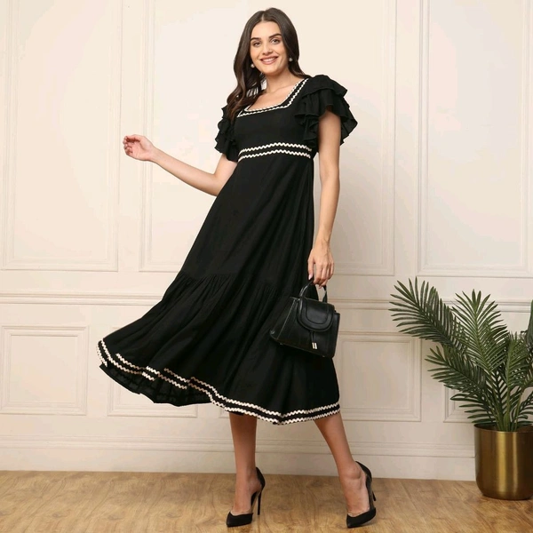 Women's Solid Rayon Fit and Flare Midi Dress for Woman Festive Fancy|Casual Trending Stylish Long One Piece Dresses Women Western (Black)
- L, Black