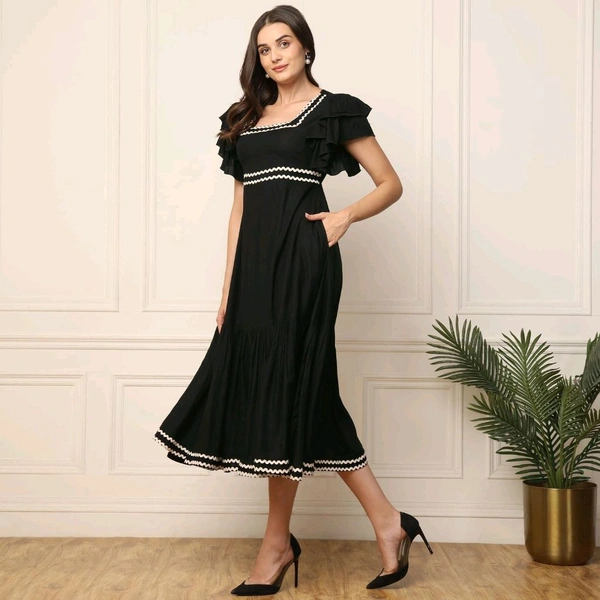 Women's Solid Rayon Fit and Flare Midi Dress for Woman Festive Fancy|Casual Trending Stylish Long One Piece Dresses Women Western (Black)
- L, Black