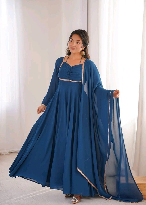 Women’s Chanderi Anarkali Suit Set with Dupatta | Elegant Festive Ethnic Outfit - M, Dark Gry Blue