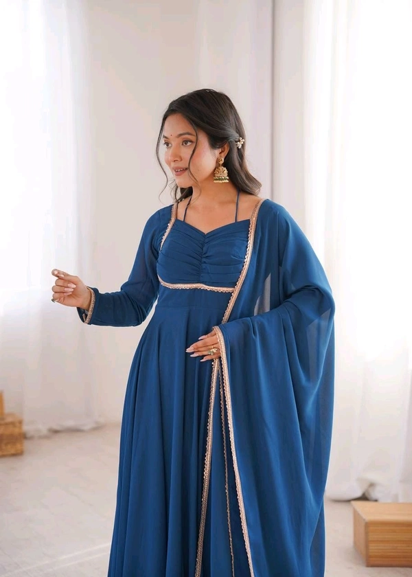 Women’s Chanderi Anarkali Suit Set with Dupatta | Elegant Festive Ethnic Outfit - M, Dark Gry Blue