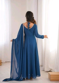 Women’s Chanderi Anarkali Suit Set with Dupatta | Elegant Festive Ethnic Outfit - M, Dark Gry Blue