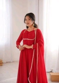 Women’s Chanderi Anarkali Suit Set with Dupatta | Elegant Festive Ethnic Outfit - M, Red