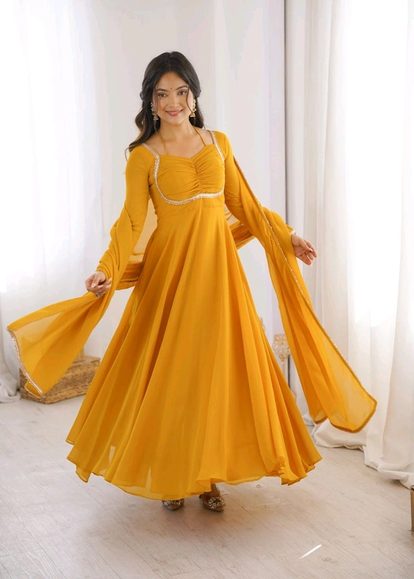 Women’s Chanderi Anarkali Suit Set with Dupatta | Elegant Festive Ethnic Outfit - M, Gold