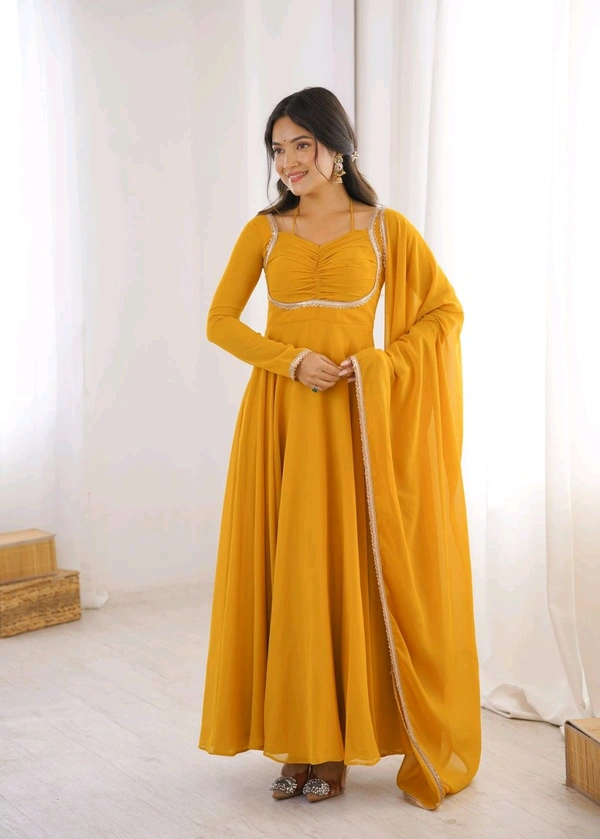 Women’s Chanderi Anarkali Suit Set with Dupatta | Elegant Festive Ethnic Outfit - M, Gold