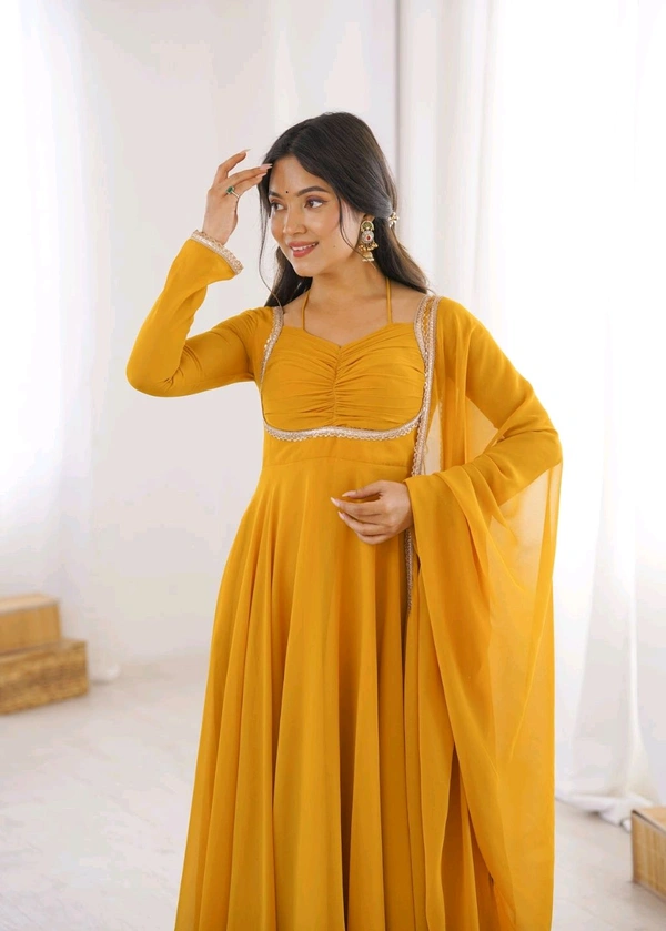 Women’s Chanderi Anarkali Suit Set with Dupatta | Elegant Festive Ethnic Outfit - M, Gold